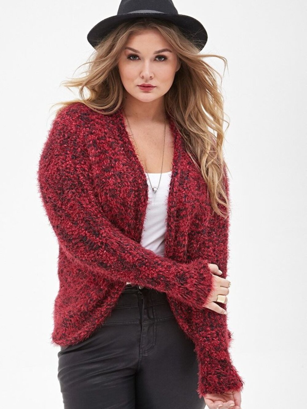 Forever 21 Plus Wine Black Fuzzy Knit draped Open Front Cardigan XL-1X